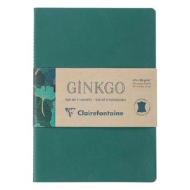 Clairefontaine 115948C Ginkgo Notebooks with Thread Binding, A5 14.8 x 21 cm, 32 Sheets Lined 90 g, 1 Notebook with Leather Cover + 1 Notebook with Printed Card Cover, Assorted, 1 Set