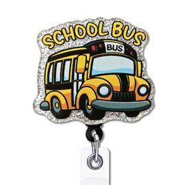 YAZMEEN Funny School Bus Badge Reel Gifts - Retractable Badge Holder with Alligator Clip - Silver Glitter Acrylic ID Card Holder - Birthday Graduation Gifts for School Bus Driver Teacher Colleague
