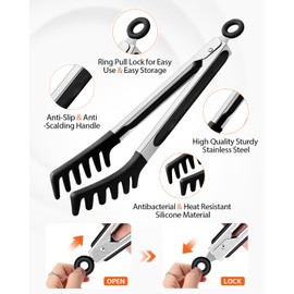 Non-Stick Silicone Spaghetti Spoon & Pasta Tong Set with Teeth，Stainless Steel Handle, Food Clip for Easy Serving of Noodles (Black)