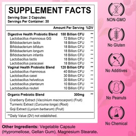 Vaginal Probiotics for Women, 300 Billion CFUs Probiotics for Women, 15-in-1 Womens Probiotic & Prebiotics, for Vaginal, Urinary Tract, PH Balance, Immune, Digestive & Gut, Bloating Health, 60 Caps