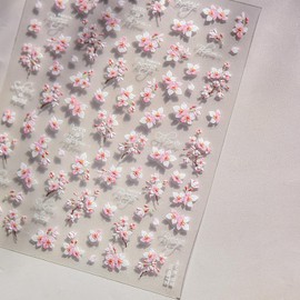5D Embossed Flower Nail Art Stickers Spring Nail Stickers White Pink Floral Cherry Nail Decals Design 1PCS DIY Self Adhesive Nail Art Supplies for Women Girls Summer Manicure Decoration Accessories