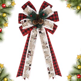 CHMOART Christmas Wreath Bow 20 x 11 Inches Large Christmas Pine Cone Bows Red Black Buffalo Plaid Bow Winter Holiday DIY Craft Bow Xmas Tree Topper Ornament Bow for Home Front Door Decorations