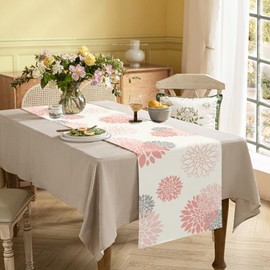 WHOMEAF Pink Grey Table Runner Dahlia Flower Beige Burlap Table Runners Modern Elegant Pompon Farmhouse Table Center Decor for Home Kitchen Dining Party Patio (13x36 Inch)