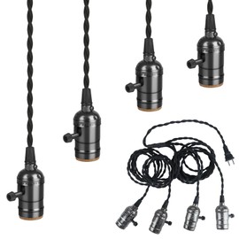 Vintage Plug-in Pendant Light Kit with 1-to-4 Hanging E26/E27 Sockets, Industrial Hanging Light with Individual Rotary Switches, Easy DIY Lighting for Living Room, Patio and Plant Corners, Black
