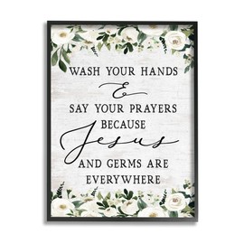 Stupell Industries Wash Hands Say Prayers Jesus Germs Everywhere Phrase Black Framed Wall Art, 11 x 14, Off- White