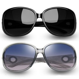 Joopin Pack of 2 Classic XL Women's Sunglasses Polarised and Sunglasses Women's Elegant Oversized UV400 Protection Vintage Glasses with Oversize Large Frame, Black and Grey/Blue/Pink