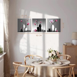 TEKMENT Flower Wall Art for Bathroom Hallway Home Decoration, Elegant Orchid Still Life Canvas Painting Print, Pink Magnolia in Black and White Vases Picture, Gallery Wrapped Gift Inner Frame, 12x12x3