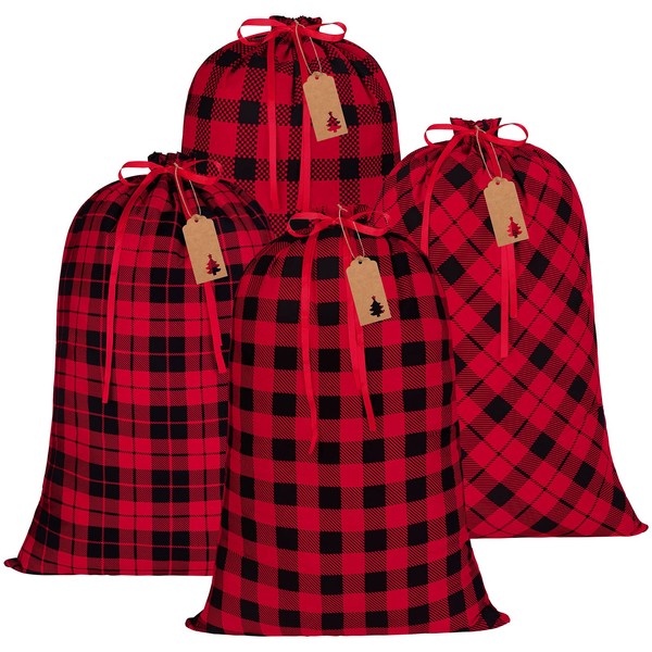 Aneco 4 Pack Big Christmas Buffalo Plaid Drawstring Gift Bags Red and Black Plaid Cotton Christmas Gift Bag for Xmas Games Party Supplies Santa Claus Backpacks, Extra Large Size 31.5 x 21.7 Inch