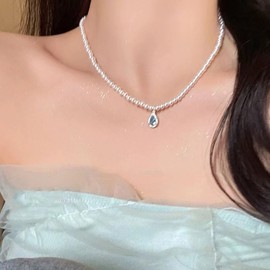 Cybche Vintage Sapphire Pearl Necklace Choker Teardrop Crystal Pendant Necklace Blue Crystal Necklace White Pearl Necklace Pearl Necklace Jewellery for Women, Zinc, No Gemstone