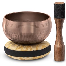 Tibetan Singing Bowl Set - Easy to Play - Creates Beautiful Sound for Holistic Healing, Stress Relief, Meditation & Relaxation - Simplicity - Brown Glossy Bowl with Black Pillow
