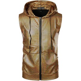 PARKLEES Mens Hipster Metallic Sequins Zip Up Sleeveless Hooded Vest T Shirt with Kangaroo Pocket Gold M