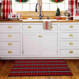 Buffalo Plaid Outdoor Rug Christmas Door Mat Christmas Decor Welcome Rug Cotton Hand-Woven Layered Door Mats for Front Porch, Kitchen, Farmhouse, Entryway (24"x51", Red/Black/White)