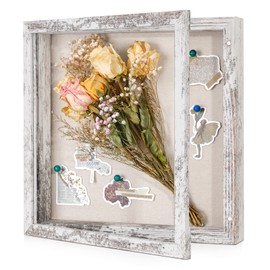 Califortree 11x11 Shadow Box Frame with Linen Back - Sturdy Rustic Memory Display Case of Flower, Pictures, Medals and More, Distressed White