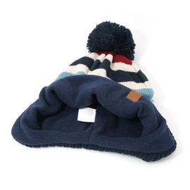 XYIYI Navy Striped Kids Baby Knitted Hat Toddler Winter Warm Fleece Lining Pompom Beanie Hat for 4-7 Years Old Boys Girls
