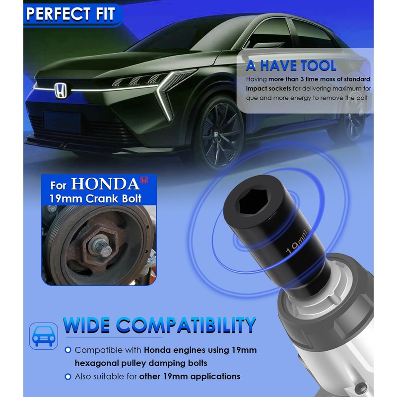 Harmonic Balancer Socket 77080 Tool for Honda 19mm Crank Bolt,