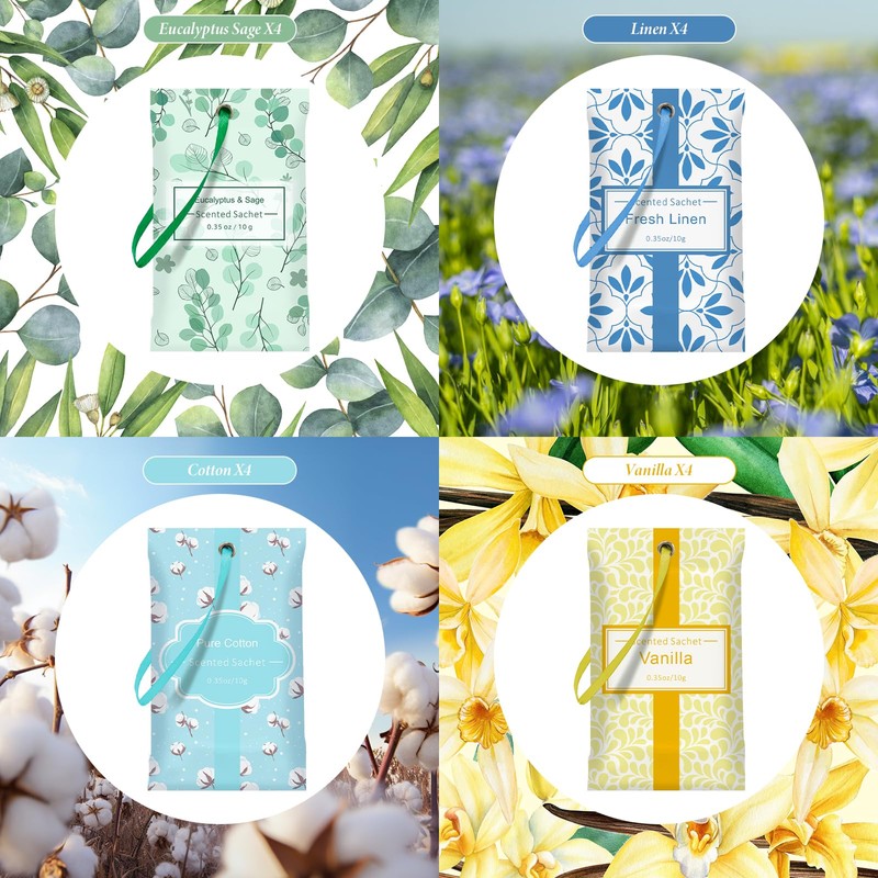 SCENTORINI Scented Sachets, Linen, Cotton, Vanilla, Eucalyptus Sage, 4 Fragrance