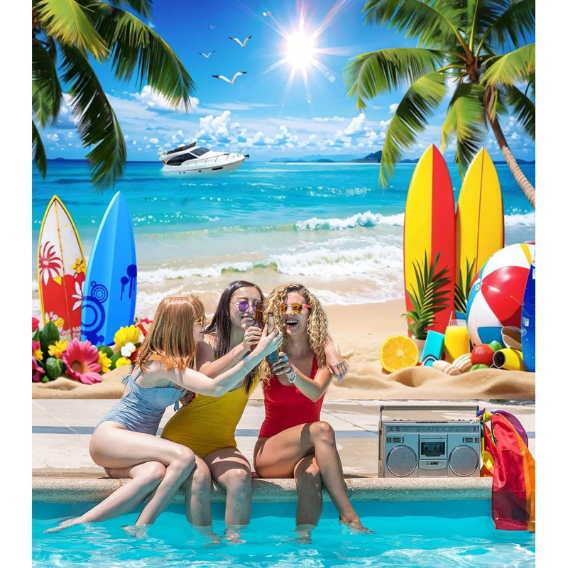 Summer Hawaiian Beach Backdrop 10x8ft Sea Ocean Seaside Surfboard Palm