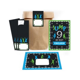 Minkocards 12 Invitation Cards for 9th Children's Birthday Boy Girl Jump Trampoline Invitations Ninth Birthday Includes 12 Envelopes, 12 Party Bags / Natural, 12 Stickers