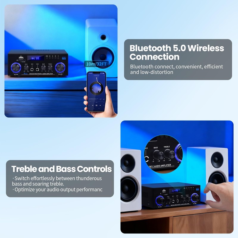 AK-50 Bluetooth5.0 Audio Amplifiers Home Stereo Amp 60WX2 Max.400W Output
