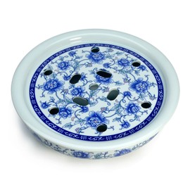 Porcelain Tea Tray, Double-Layer Ceramic Tray Circular for Tea Coffee Serving Table (10 inch Blue and White Peony)