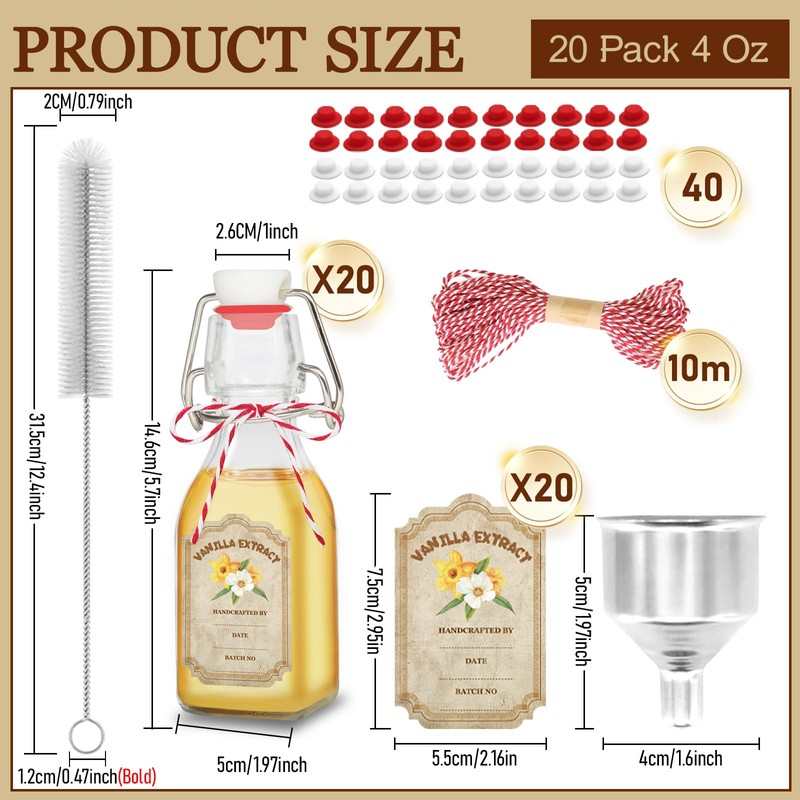 20 Pack Swing Top Glass Vanilla Extract Bottles 4 oz