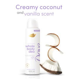 Dove Whole Body Deo Aluminum Free Invisible Spray Deodorant Coconut & Vanilla for 72h Odor Control 4 OZ