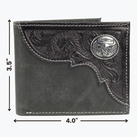 American Bison Tooled Side Bifold Wallet with Conchos–Oil Pull Up Classic Western Craftsmanship & RFID Protection (Long Horn, Black)