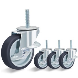 3 Inch Caster Wheels, Locking Stem Casters Set of 4, Threaded Stem (Diameter 3/8", Length 1-1/2") Heavy Duty Caster with Side Brake, Coffee Rubber Wheel Swivel Castor Wheels for Furniture, Carts