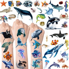 254PCS Realistic Sea Ocean Animal Temporary Tattoos Stickers, Sea Creature Sharks Whales Turtles Clown Fish Seahorse Starfish Tattoos Stickers Ocean Party Favors Under The Sea Party Favor Supplies