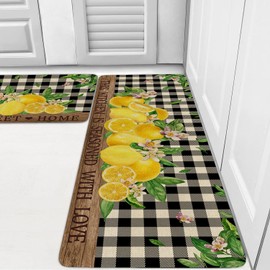 Faptoena Lemon Kitchen Rugs Set of 2,Home Sweet Home Buffalo Plaid Holiday Kitchen Mats for Floor,Spring Summer Seasonal Non-Slip Washable Sink Mats Home Decor Doormat+Runner Rug