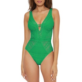 BECCA Women's Standard Color Play One Piece Swimsuit, Plunge Neck, Crochet, Bathing Suits, Verde, Small