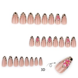 CJDLTS Leopard French Tip Press on Nails Medium Almond Nails Flower 3D False Nails Artificial Coffin Nails Acrylic Stick on Nails Leopard Fake Nails Full Cover Glue on Nails for Women 24Pcs