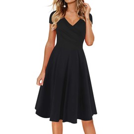 oxiuly Women's Criss-Cross Necklines V-Neck Cap Sleeve Floral Casual Work Stretch Swing Summer Dress OX233 (M, Black Solid)