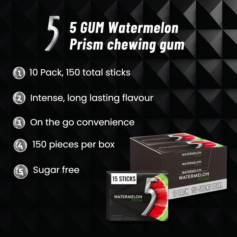 5 GUM Watermelon Prism Sugar Free Chewing Gum Bulk, 15
