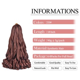 French Curly Braiding Hair 18 Inch 6 Packs Pre Stretched Bouncy Braiding Hair Loose Wavy Crochet Hair Synthetic Hair Extensions for Black Women (18 inch 6 packs, 33#)