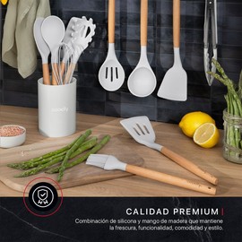 Cookify Juego de Utensilios de Cocina Silicona y Madera 12 Piezas Gris