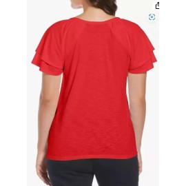 Rafaella Size M Red Women’s Knit V-Neck Ruffled Short Sleeve Fashion Top