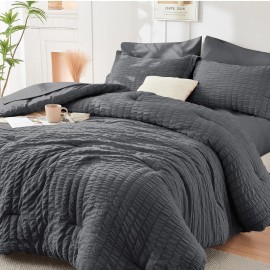 Does Not Apply Queen 7-Pc Comforter Set Seersucker, All-Season Luxury Bedding Set Dark Grey