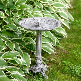 Sunnydaze Bird and Blossom Metal Bird Bath with UV-Resistant Finish - Cast Aluminum - Antique Gray - 13"
