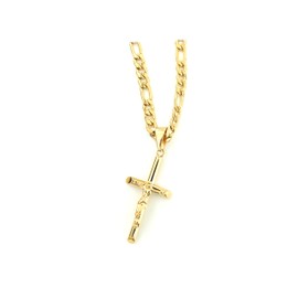 LIFETIME BLING 18K Figaro Gold Cross Crucifix Necklace Pendant Charm with 3MM Rope Chain Gift for Men Women Husband Wife Baptism Religious w/real strong Solid Clasp Fashion Jewelry (20)