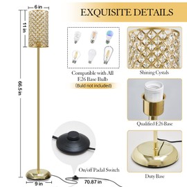 Gold Floor Lamp,Elegant Crystal Floor Lamp Modern Standing Lamp with On/Off Foot Switch,Tall Pole Accent Lighting for Living Room, Girl Bedroom, Dresser, Office