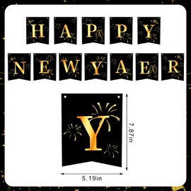 Geelin Happy New Year Banner and 3 Pcs Happy New Year Table Cover 54 x 108 Inch 2024 New Years Eve Party Supplies Gold and Black Banner Happy New Year Decorations Plastic Tablecloth Disposable Decor