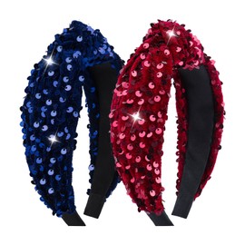Lanmerry Sparkly Knotted Headband for Women Hair Accessories Girls Sequin Headband Fashion Velvet Headbands Large Hairbands Red and Blue Head Bands Glitter 2Pcs