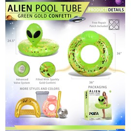POZA Inflatable Alien Pool Float Tube - Heavy Duty Vinyl UV Resistant Confetti Pool Alien Floatie, Cool Pool Float Swim Ring Pool Inflatables for Kids, Adults for Beach, Party, Vacation - Green Gold