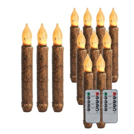 ONEIHOMM Flameless Primitive Candles with Timer Remote, Hand Dipped Real Wax Taper Candles for Vintage Decorations, Set of 12