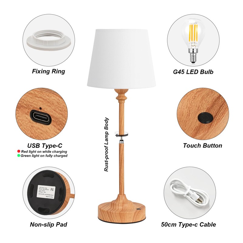 Kakanuo Cordless Table Lamps Rechargeable Set - 2 Pack Wooden