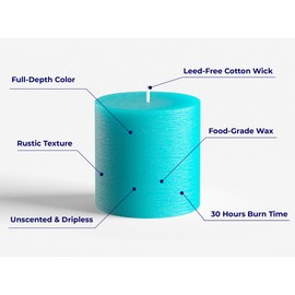 Set of 3 Pillar Candles 3" x 3" Unscented Handpoured Weddings, Home Decoration, Restaurants, Spa, Church Smokeless Cotton Wick - Turquoise