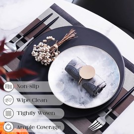 Elistonie Washable Placemats, Set of 6, Striped Vinyl Dining Mat, Place Mat, Wipe Clean Placemats for Kitchen, Tear-Resistant, Heat Resistant, Non-Slip Placemats for Dining Table (Black and Grey)