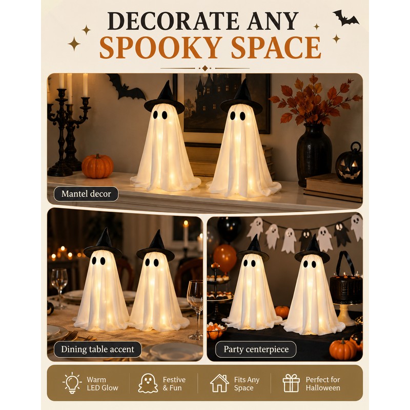 LED Witch Hat Ghost Figurines for Halloween Decor – 2-Piece