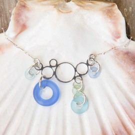 Sea Glass Bubble Pendant (Seaside, 16" Twist Link Chain - Sterling)